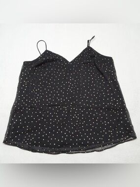 Nine West Black V-Neck Tank/Blouse with Gold Polka Dots Large gently worn